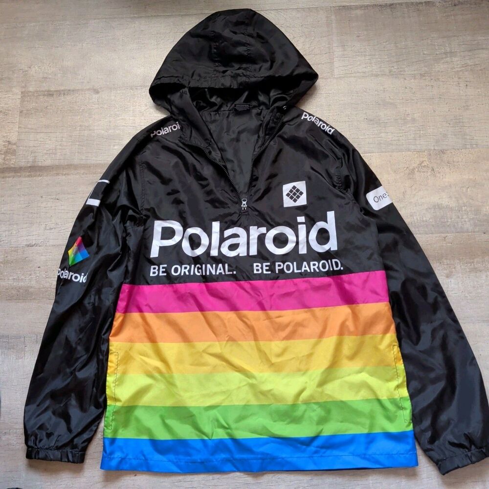 Polaroid Windbreaker Jacket Zip Rainbow Retro Black 320 Land Camera Hood XL